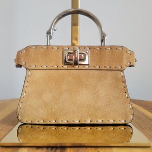 FENDI Nano Peekaboo Mini Shoulder Bag Beige Suede Leather Handle